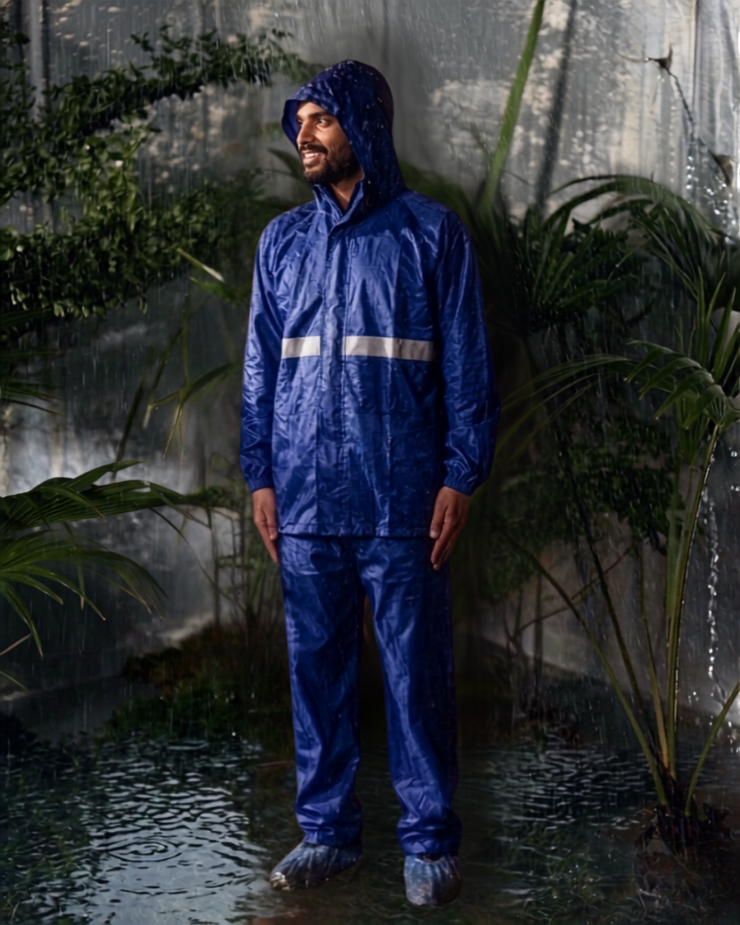 Men's Blue Raincoat with Reflective Stripe