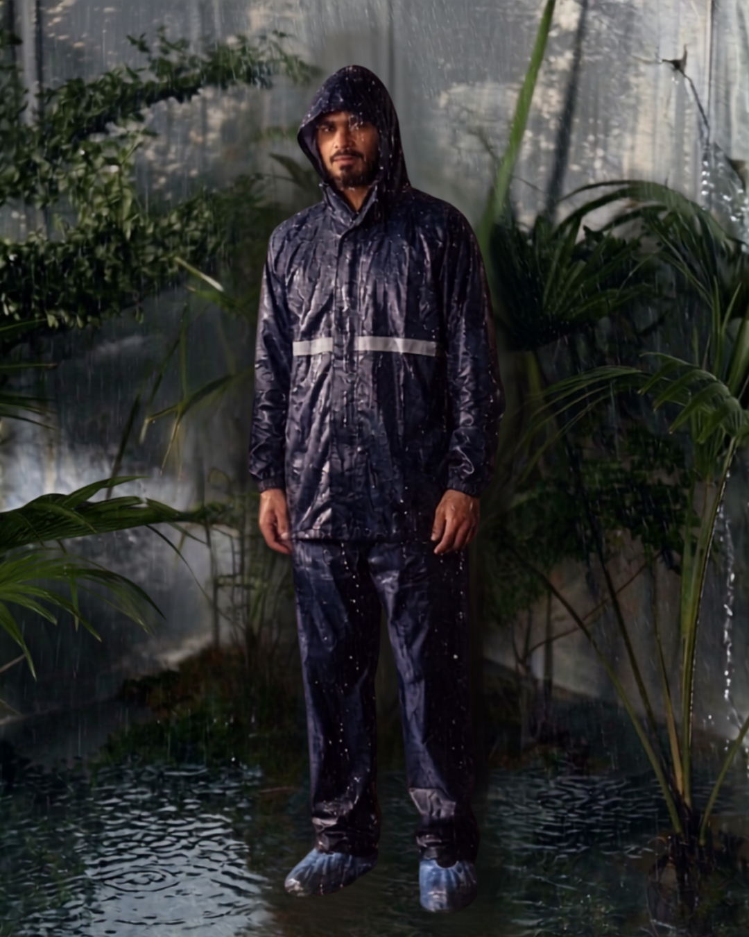 Men's Navy Raincoat with Reflective Safety Stripe