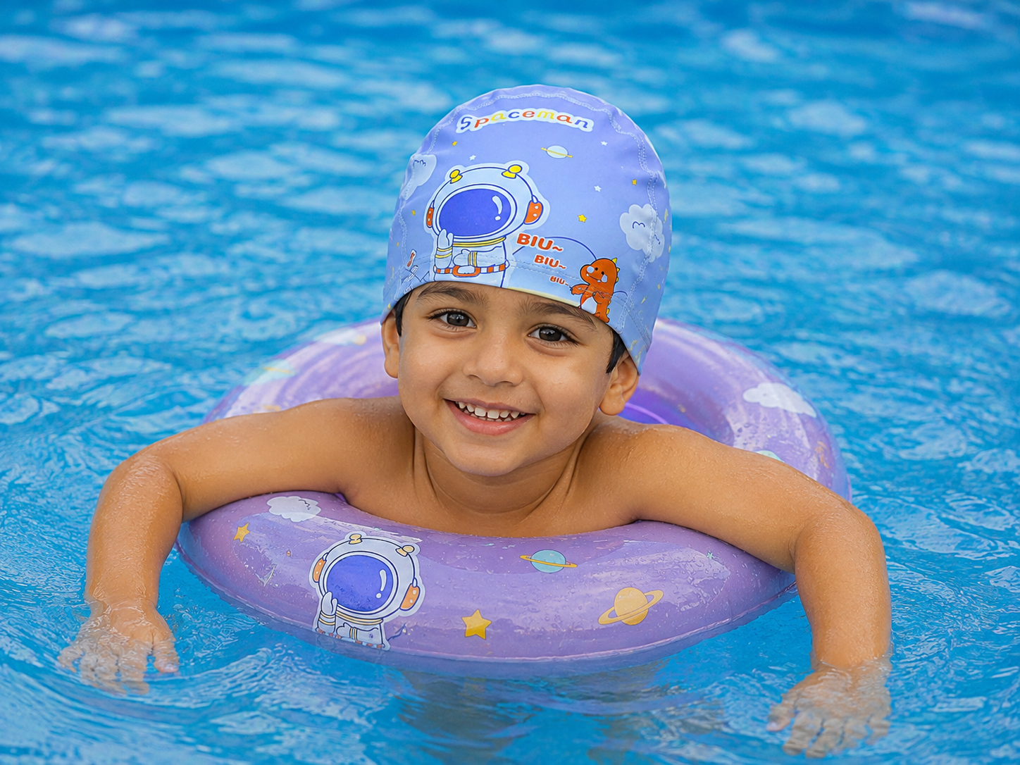 Cute Spaceman Printed Soft Fabric Swimming Cap