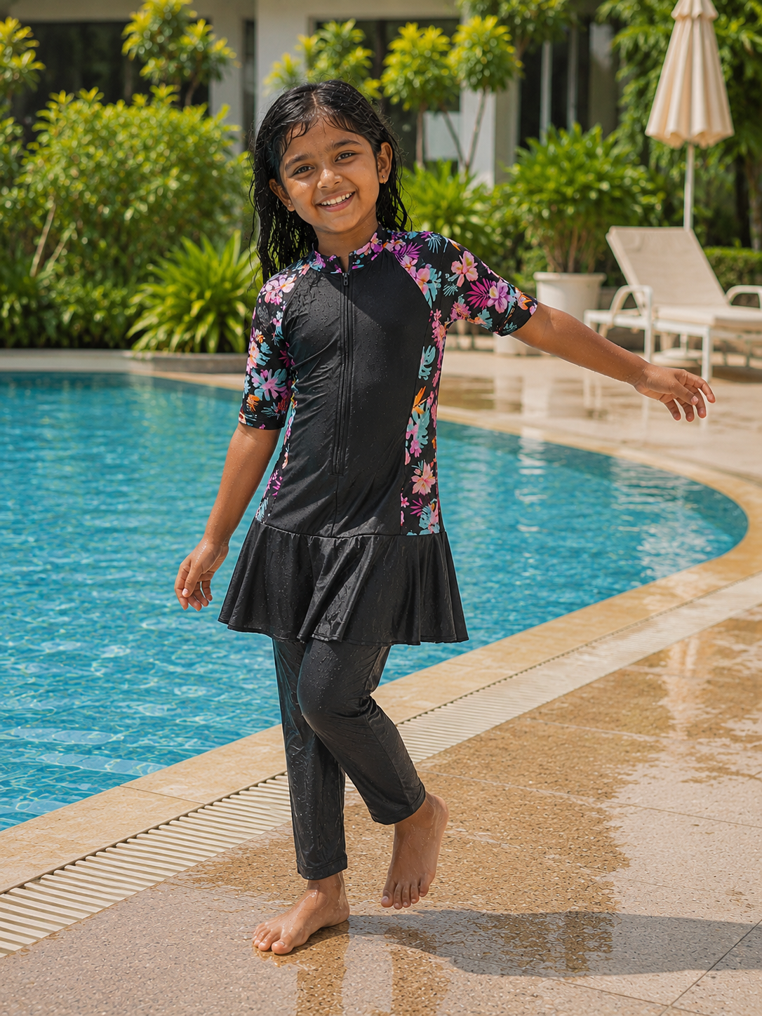 Junior Girl's Modest Burkini Swimwear Black Floral Print