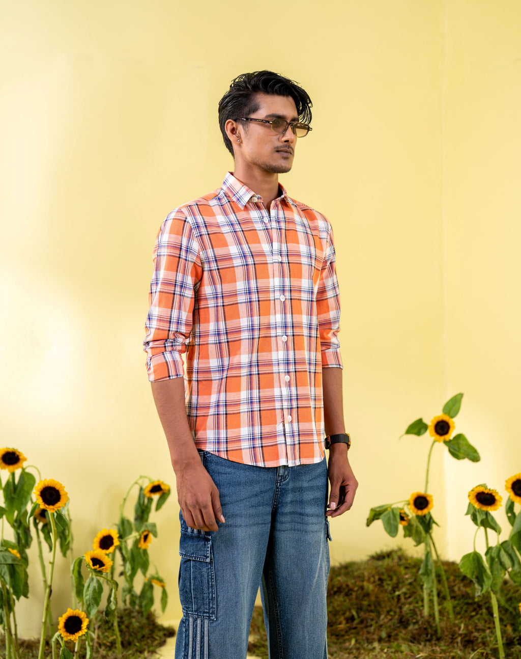Men's Orange Check Casual Shirt
