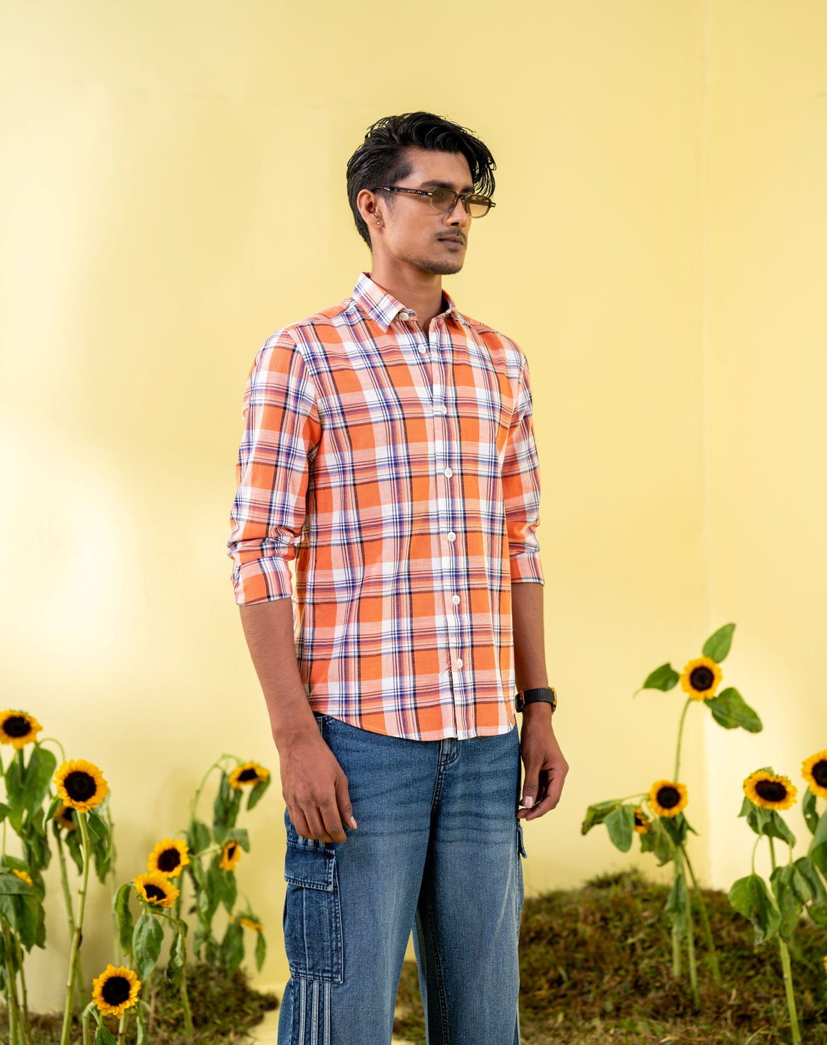 Men's Orange Check Casual Shirt
