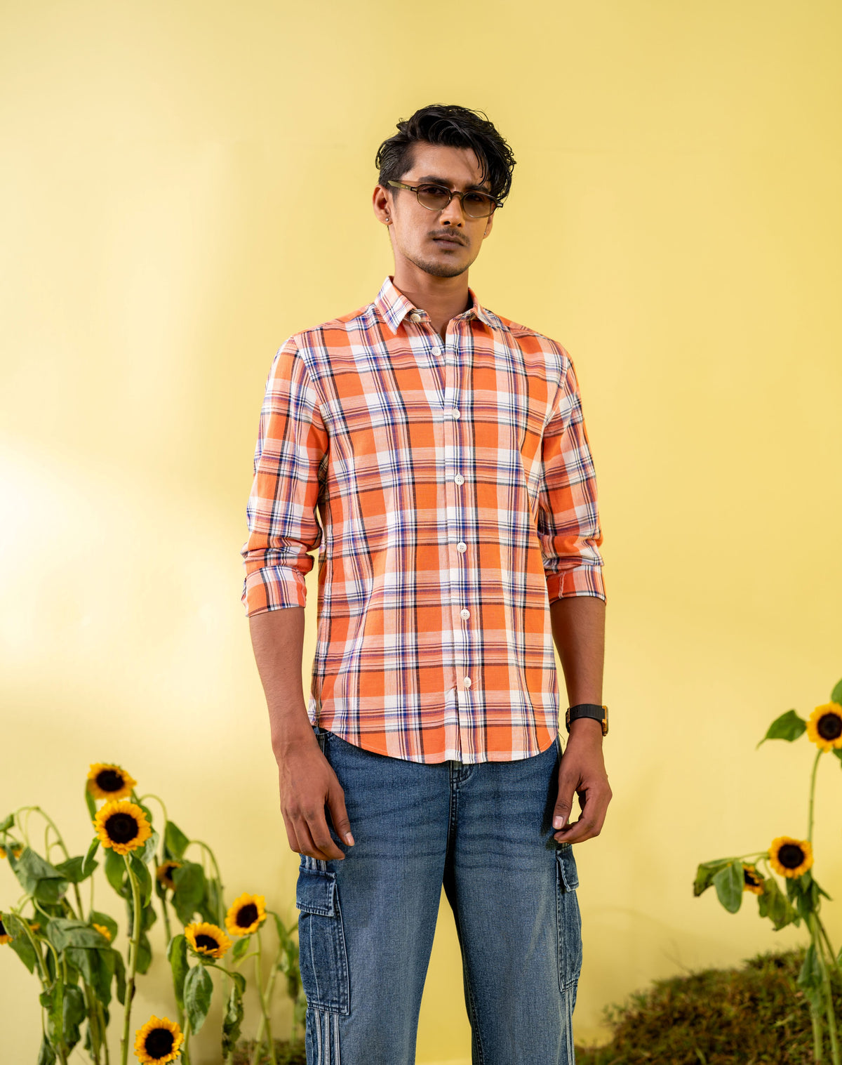 Men's Orange Check Casual Shirt