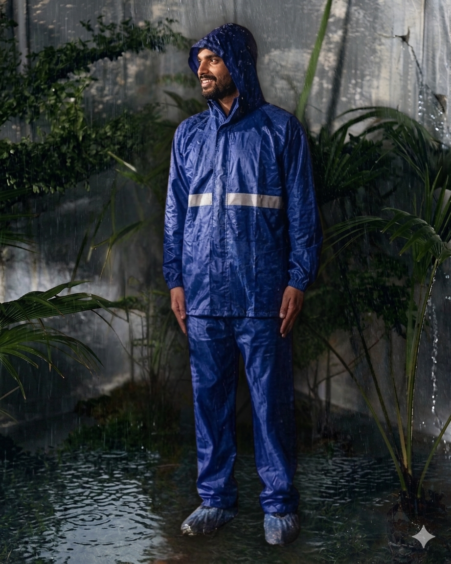 Men's Blue Raincoat with Reflective Stripe