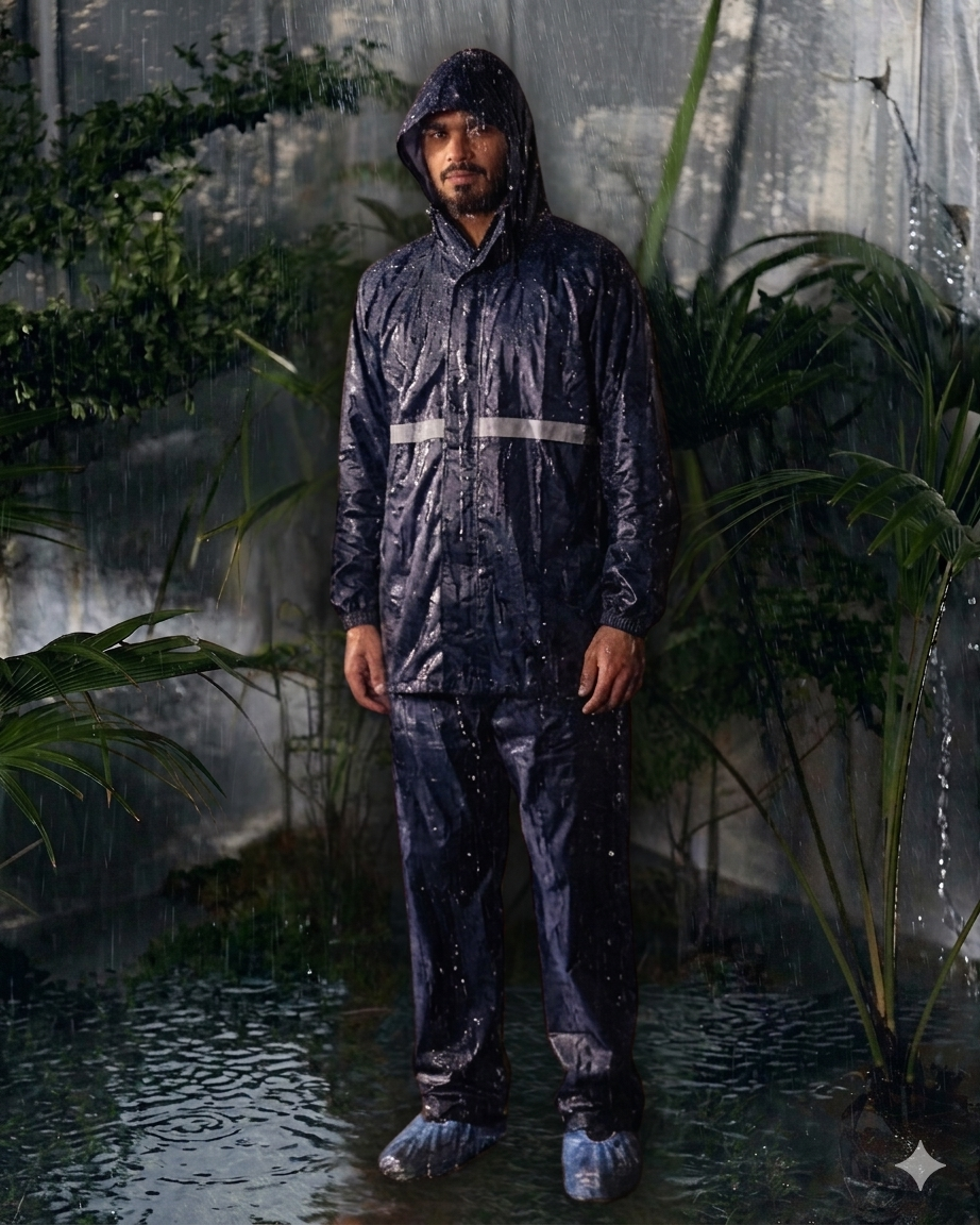 Men's Navy Raincoat with Reflective Safety Stripe