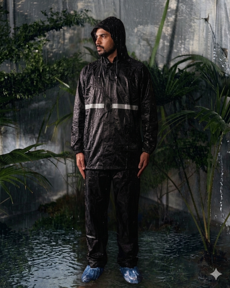 Men's Black Raincoat with Reflective Safety Stripe