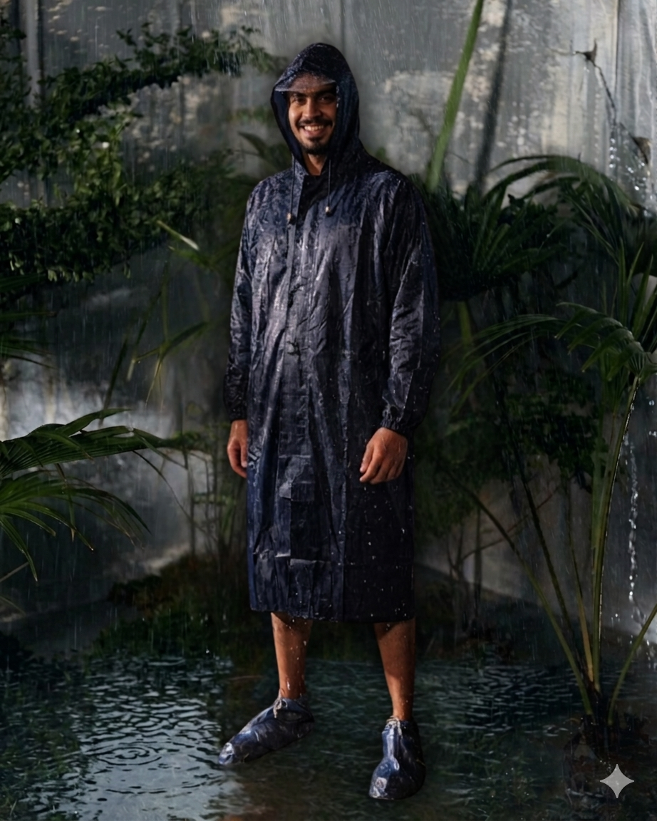 Men's Navy Blue Long Raincoat with Hood