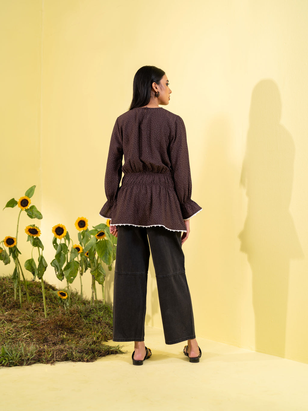 Brown Polka Women's Woven Fashion Top