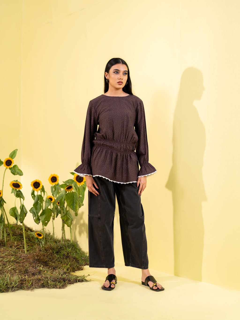 Brown Polka Women's Woven Fashion Top