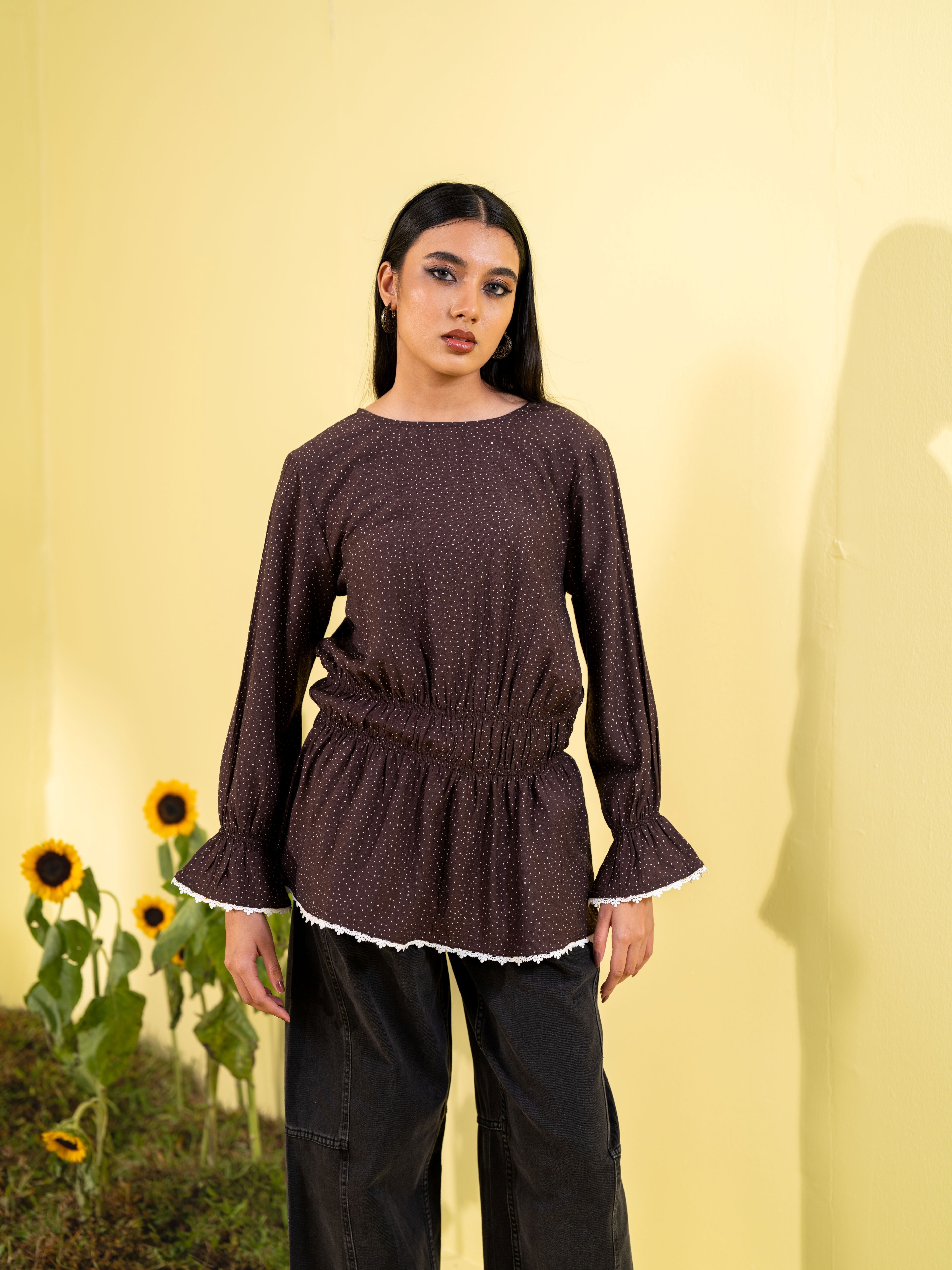 Brown Polka Women's Woven Fashion Top