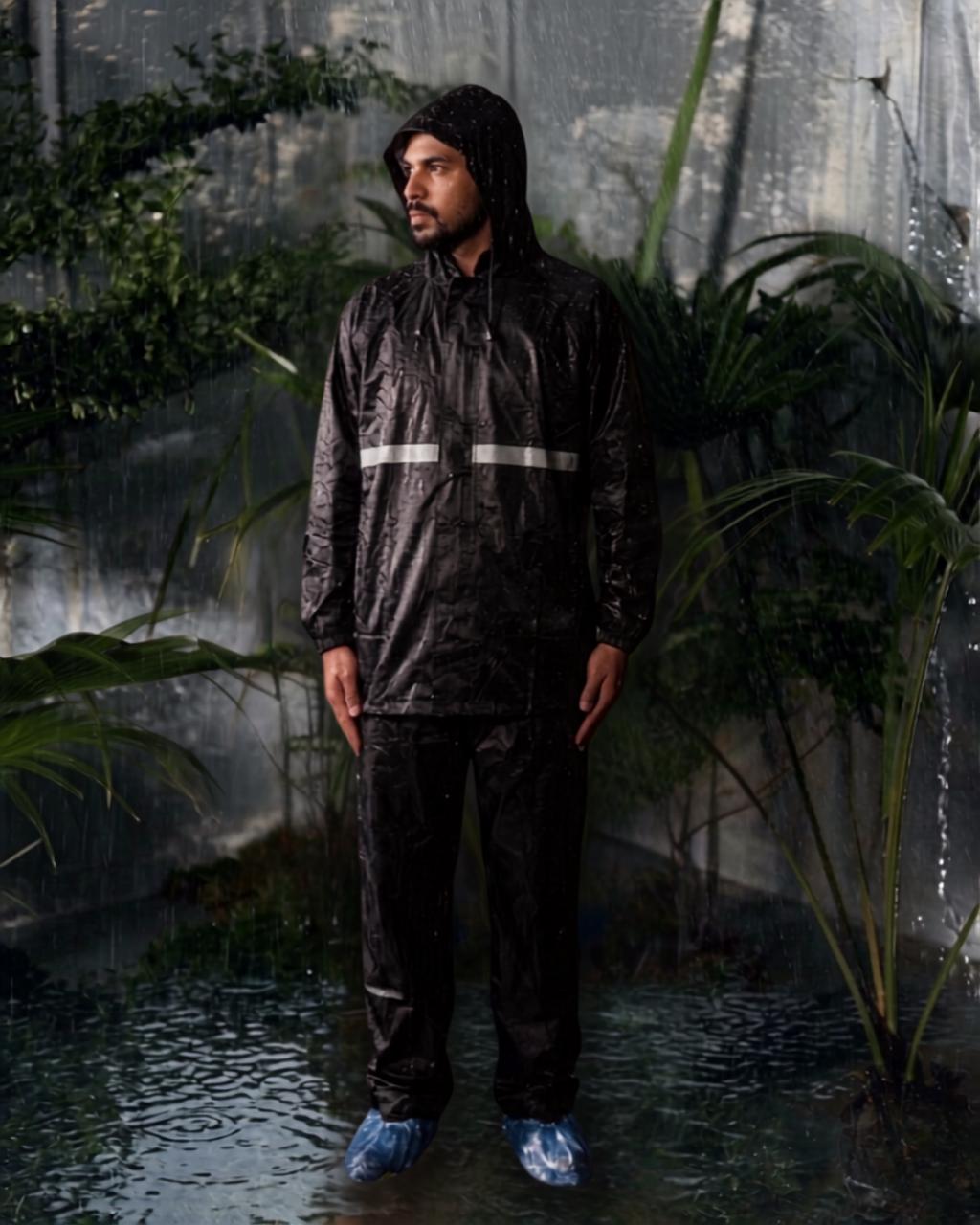 Men's Black Raincoat with Reflective Safety Stripe